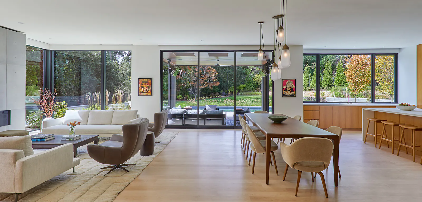 Open living spaces feature expansive views to the backyard. 